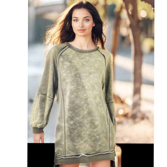 New In Distressed Mineral Washed Green Sweatshirt Dress, Size Medium (NW… - Picture 2 of 5